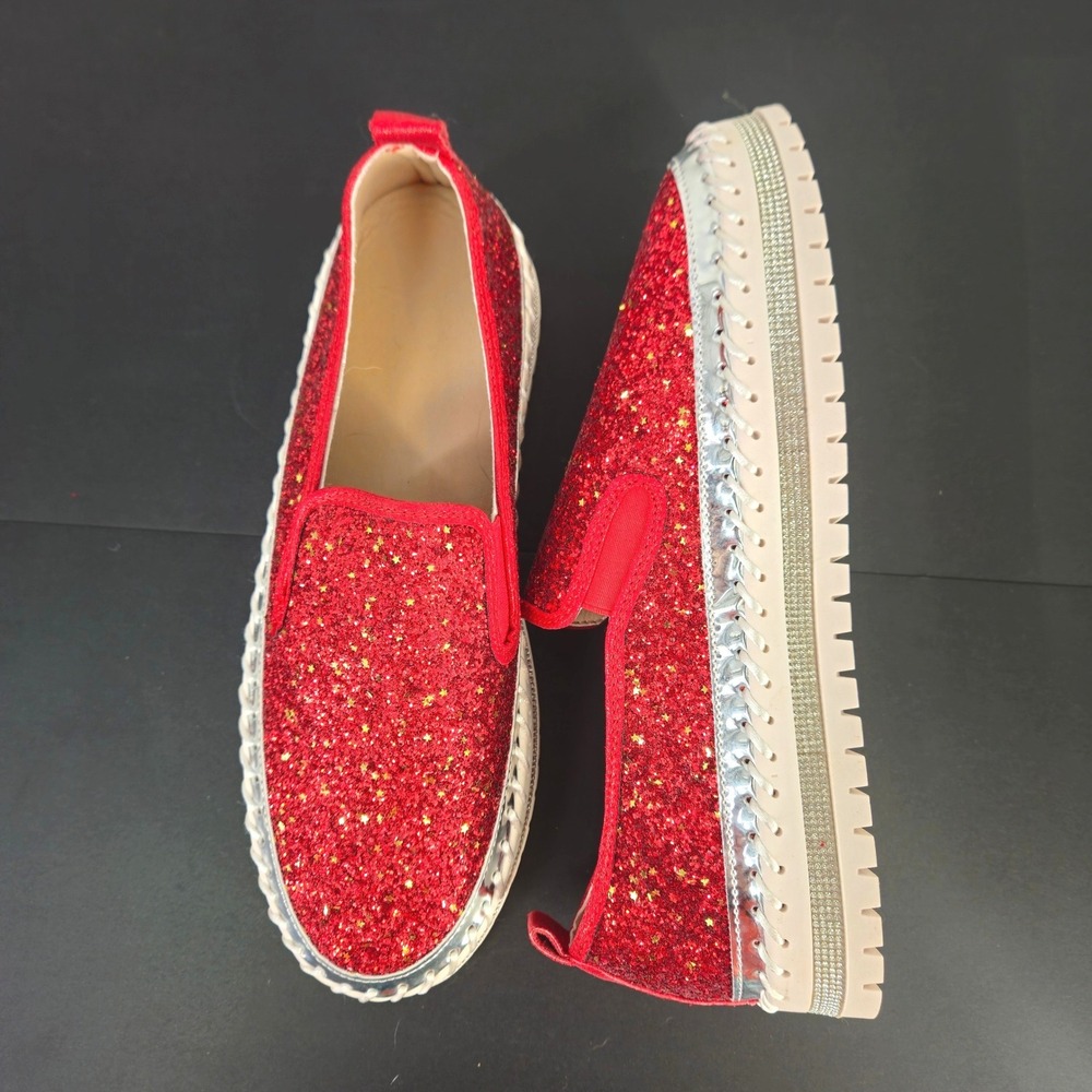 Red Glitter Slip On Platform Sneakers Silver Rhinestone Trim Size 45 unisex Glam